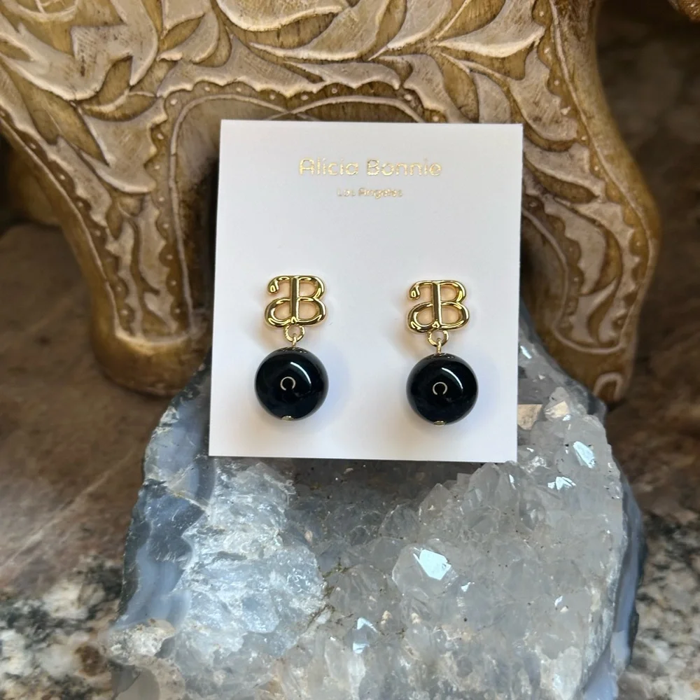 COPY - Gold  Alicia Bonnie Black Bead Dangle Earrings - Picture 7 of 8